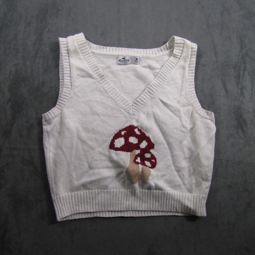 Hollister Sweater Vest Women Medium White Mushroom Graphic Cotton V-Neck Knit